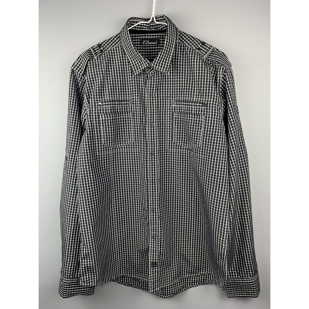 7‎ Diamonds Button Down Shirt Mens Large Black White Plaid Military Epaulettes L
